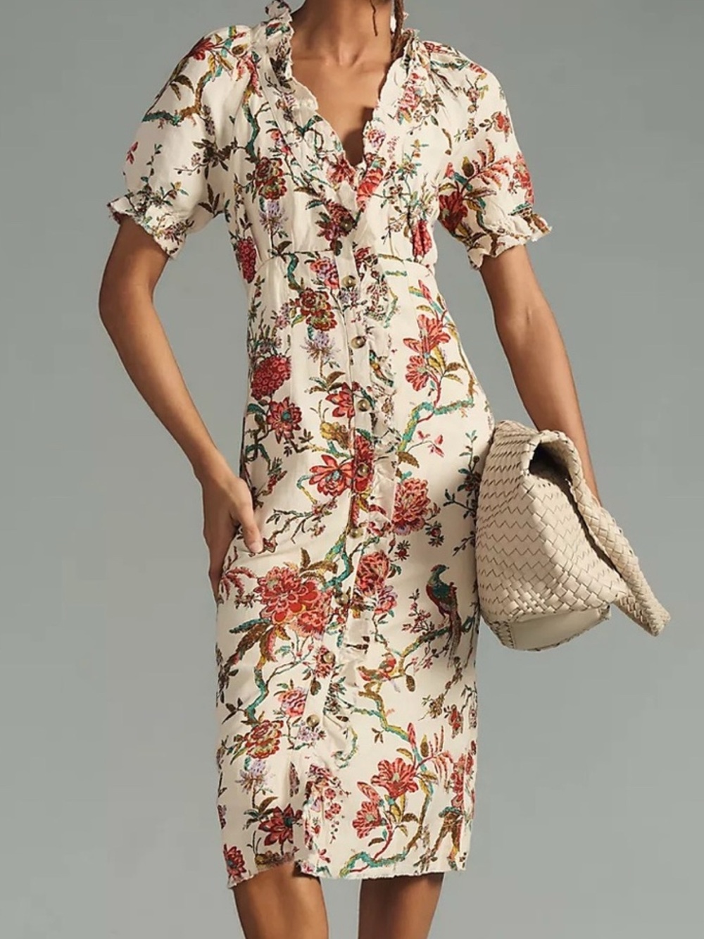 Anthropologie Pilcro Linen Floral Midi Dress Cream Red Button Front Tie Waist M